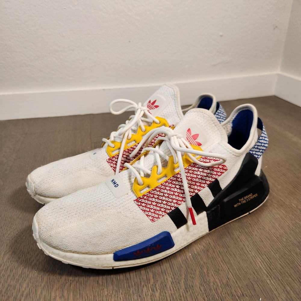 Men Size 12 Adidas NMD_R1 V2 Logo Print Mix Colors FZ4825 White Red Blue Yellow